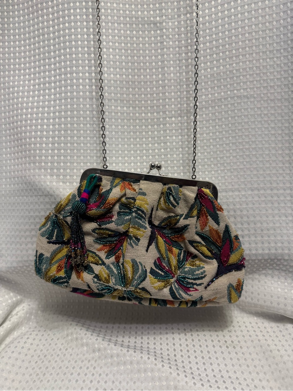 Zara Cream Floral Embroidered Clutch with Chain